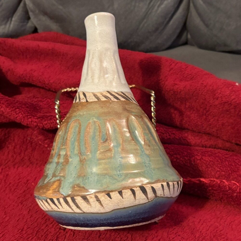 VTG 2001 Handcrafted 8" Pottery  Bud Vase-Artisan Signed-Teepee Shape-Multicolor